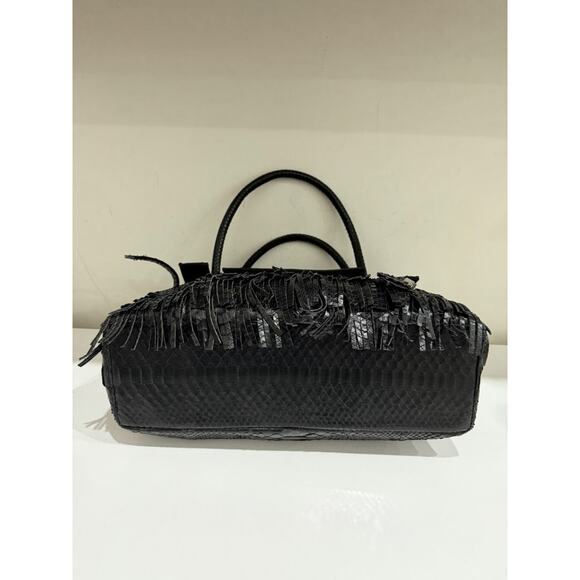 Studio LX Fringe Birkin Snake Black Leather Textured Satchel Handbag - Picture 5 of 11